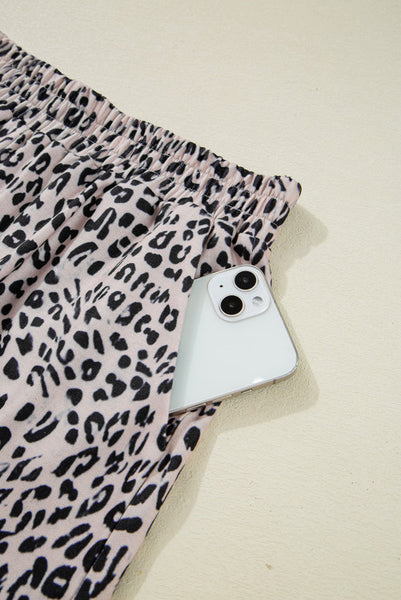 Leopard Half Zipper Collared Ruffled Sleeve Top and Short Set