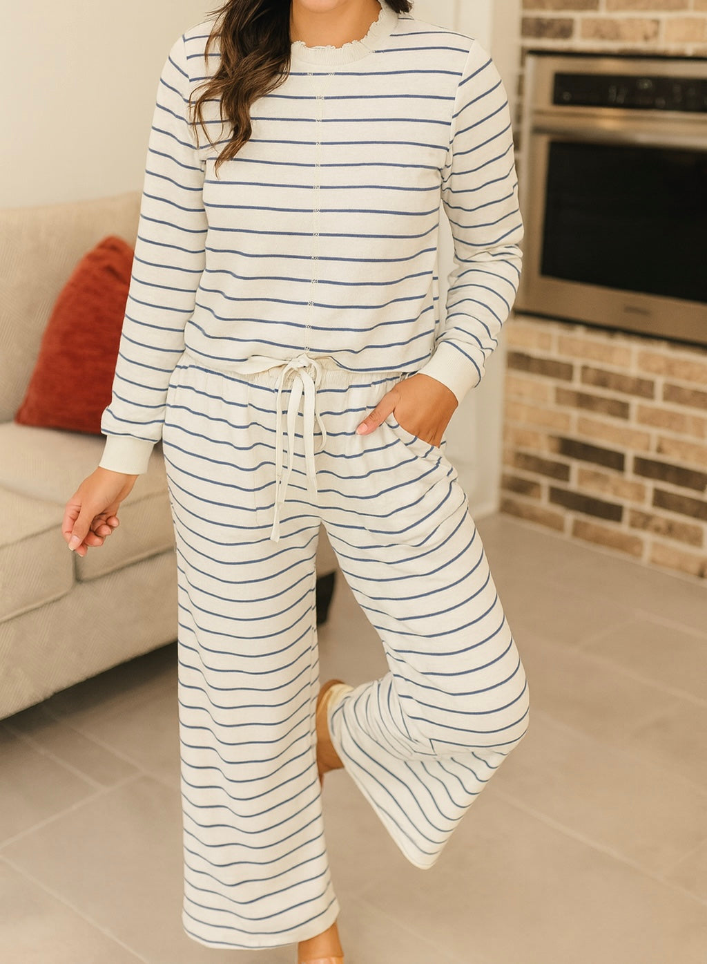 Striped Long Sleeve Top Drawstring Wide Leg Pants 2pcs Outfit