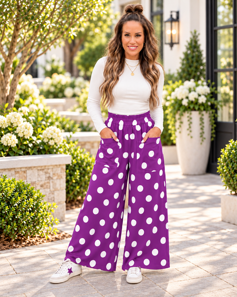 Polka Dot Wide Leg Elastic Waist Casual Pants