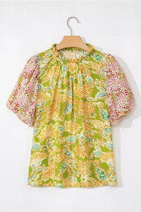 Multicolor Printed Contrast Bubble Sleeve Patchwork Blouse