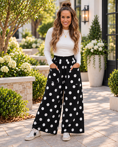 Polka Dot Wide Leg Elastic Waist Casual Pants