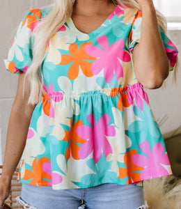 Floral Print Bubble Sleeve V Neck Peplum Blouse