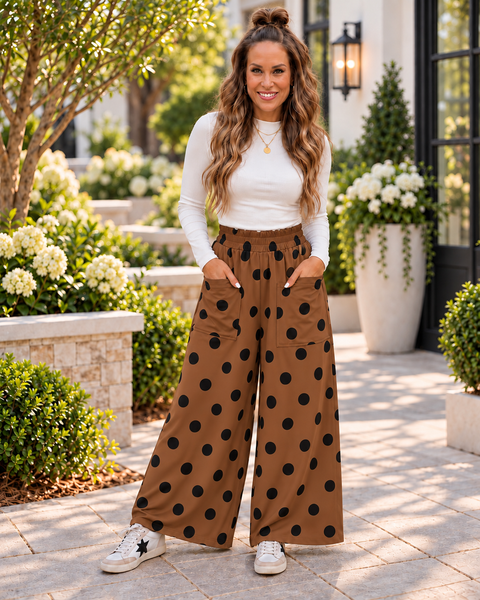 Polka Dot Wide Leg Elastic Waist Casual Pants