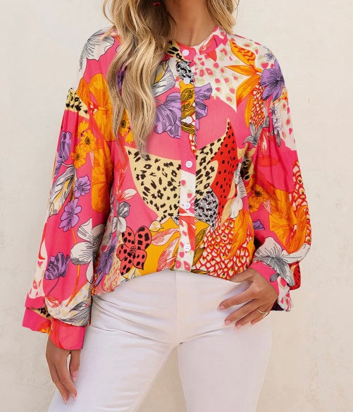 Floral Print Buttoned Ruffled Bubble Sleeve Shirt