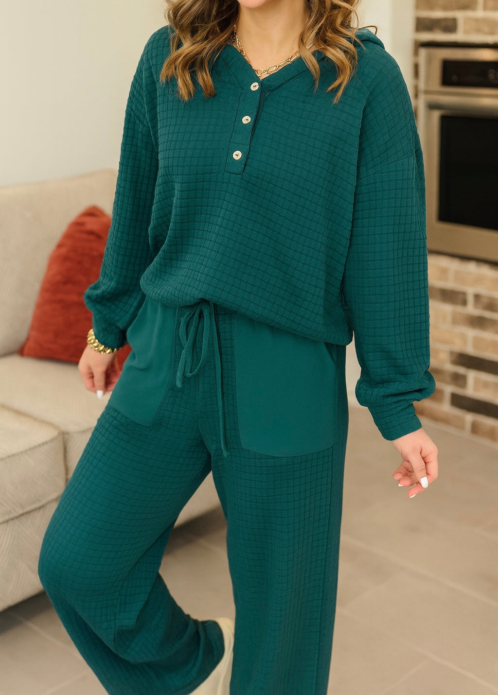 Waffled Textured Raw Edge Patchwork 2pcs Loose Pant Set