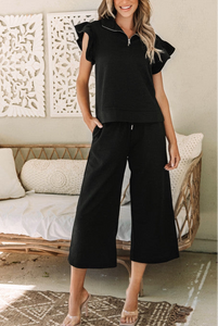 Textured Flutter Sleeve Top with Wide Leg Pants Set