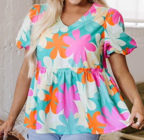 Floral Print Bubble Sleeve V Neck Peplum Blouse