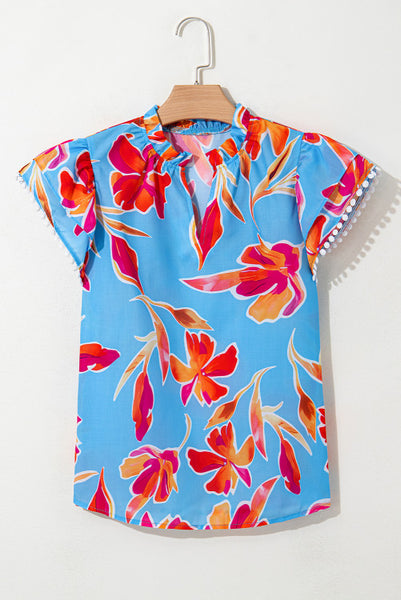 Blue Floral Print V Neck Pompom Trim Flutter Sleeve Blouse