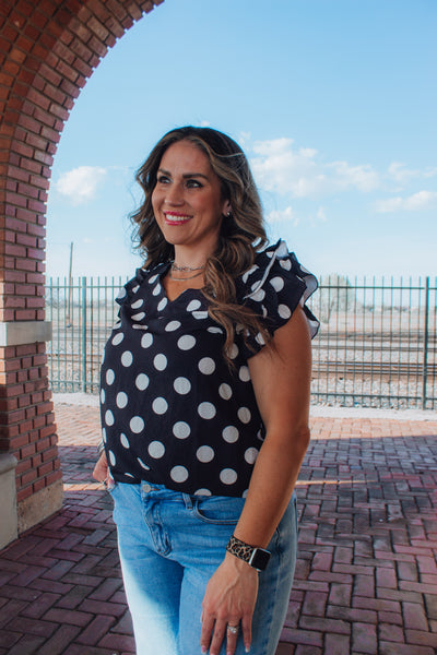 Polka Dot Print Ruffled Sleeve V Neck Blouse