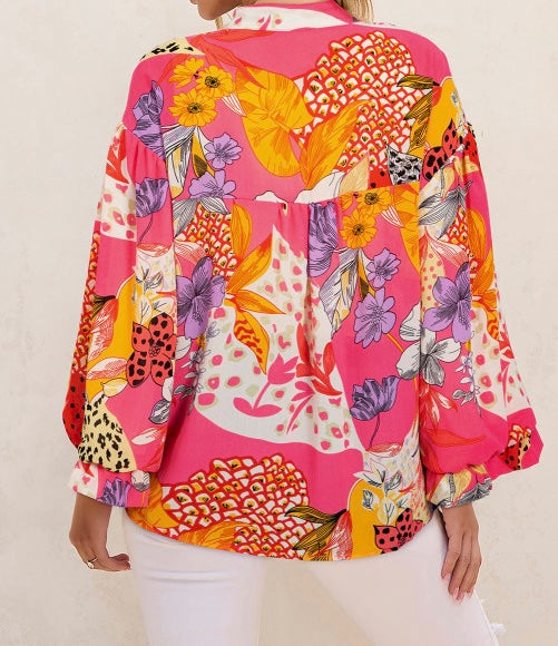 Floral Print Buttoned Ruffled Bubble Sleeve Shirt