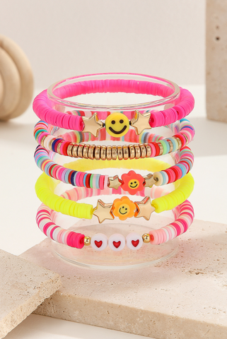 Bright Pink Smile Face Colorful Beaded 5pcs Bracelet Set