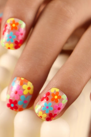 Pink Cute Flowers Print Press On False Nails