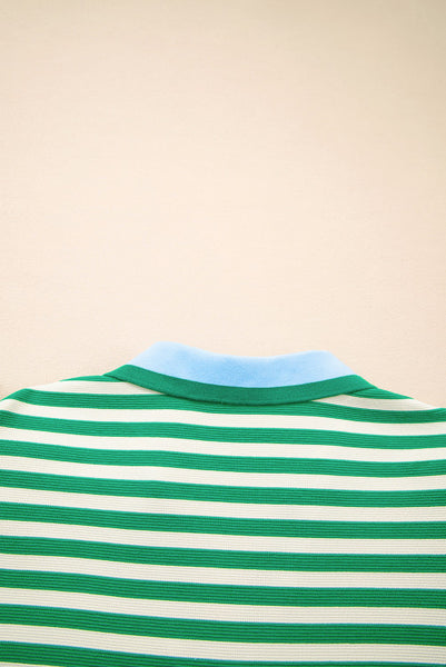 Green Stripe Print Contrast Collar Split Neck Flutter Sleeve Short Dress