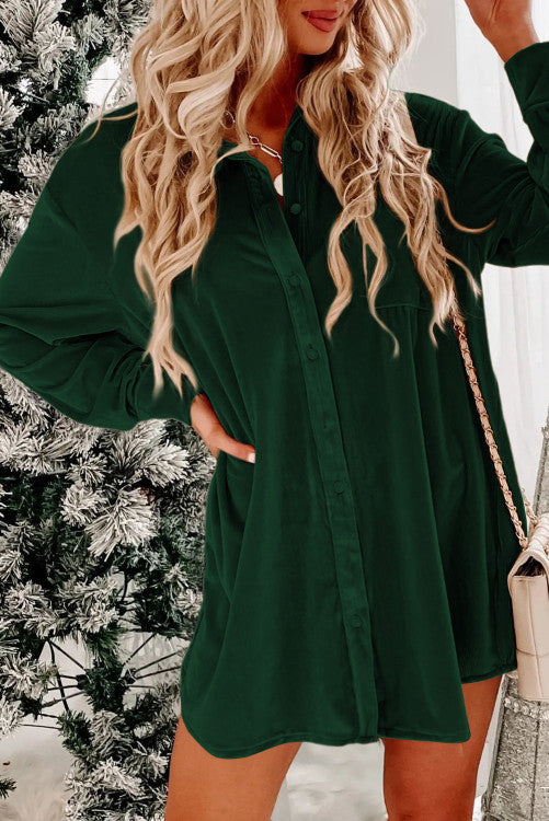 Blackish Green Velvet Button Front Shirt Mini