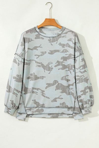 Retro Camouflage Print Exposed Seam Patchwork Drop Shoulder Sweatshirt