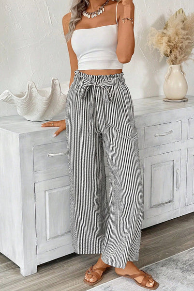 Striped Tied High Waist Loose Straight Casual Pants