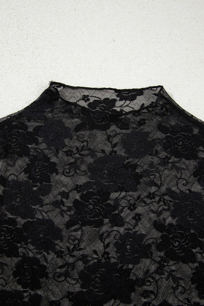 Sheer Floral Lace Mesh Mock Neck Long Sleeve Top