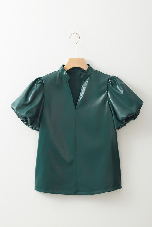 Green Notched V Neck Short Puff Sleeve Faux Leather Blouse