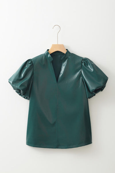Green Notched V Neck Short Puff Sleeve Faux Leather Blouse