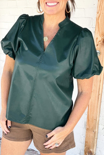 Green Notched V Neck Short Puff Sleeve Faux Leather Blouse