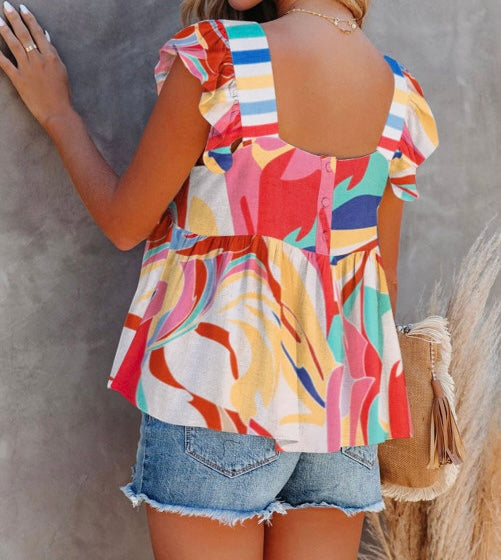 Square Neck Abstract Print Tank Top