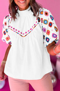 Embroidered Smocked Neck Puff Sleeve Top