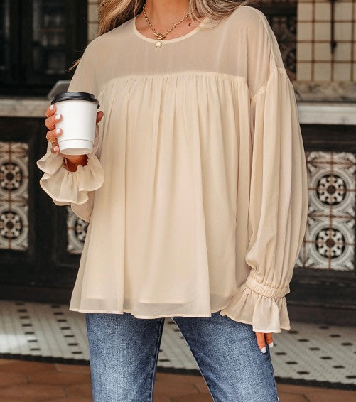 Pleated Ruffle Long Sleeve Chiffon Blouse