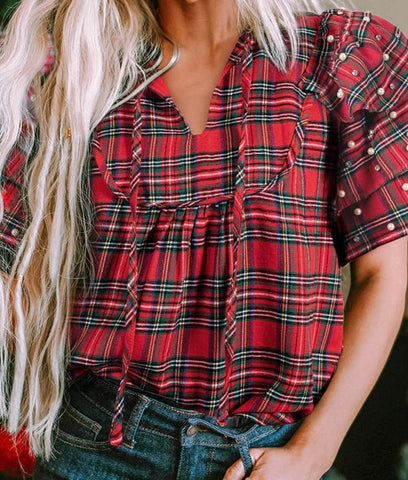 Plaid Pearl Embellished Ruffle Short Sleeve Blouse