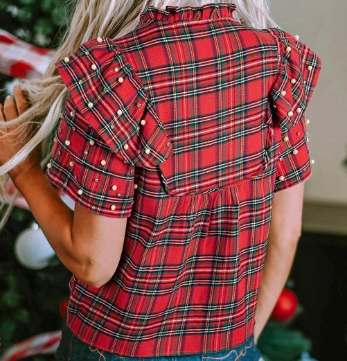 Plaid Pearl Embellished Ruffle Short Sleeve Blouse