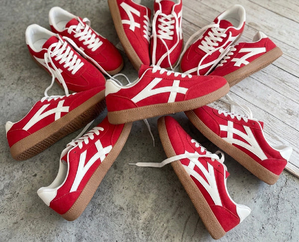 Red Faux Suede Contrast Patchwork Detail Lace Up Flat Sneakers