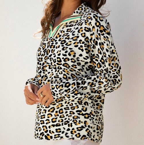 Leopard Print Contrast Striped V Neck Blouse