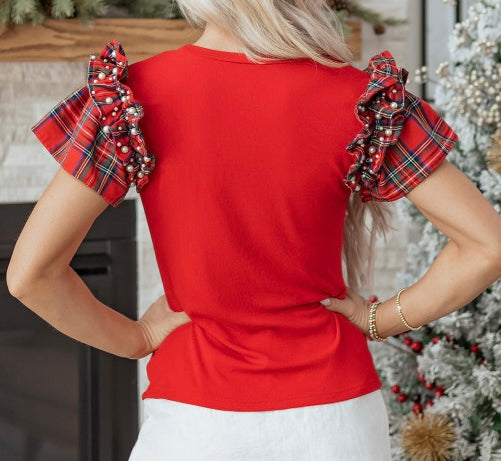 Red Plaid Pearl Ruffle Short Sleeve Loose T Shirt
