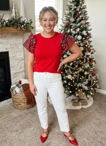 Red Plaid Pearl Ruffle Short Sleeve Loose T Shirt
