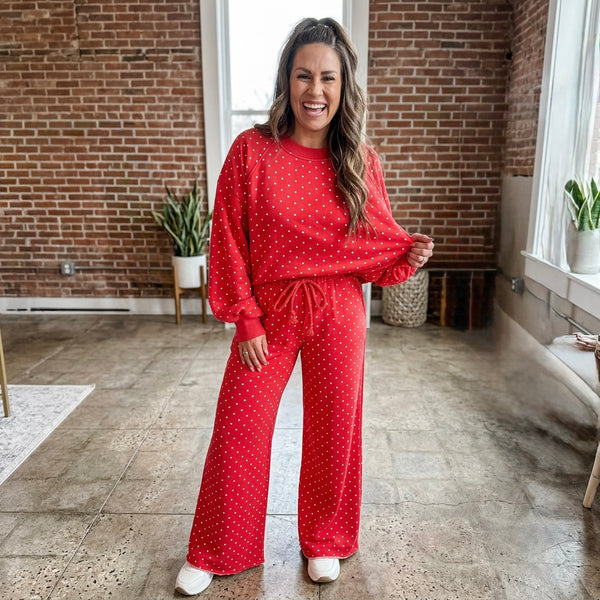 Polka Dot Drawstring Wide Leg Long Sleeve Top Pant Set