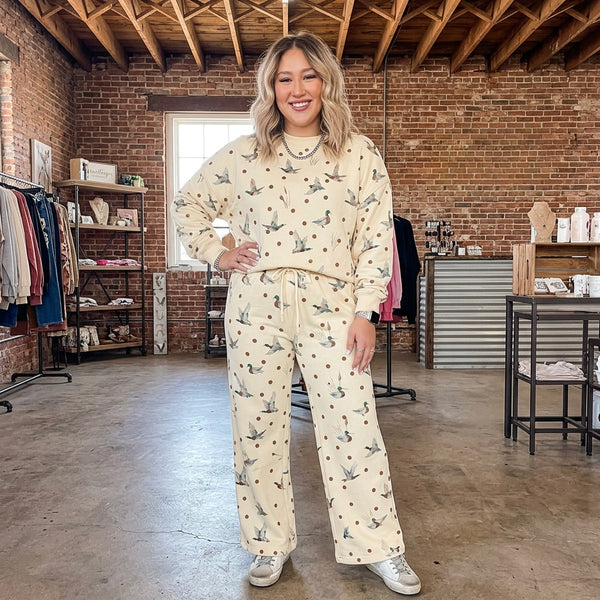 Polka Dot Mallard Print Crewneck Pullover Two Piece Pants Set
