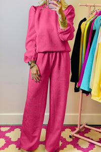 Textured Puff Sleeve Top and Pants Set