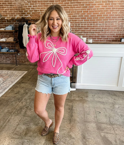 Bright Pink Corded Flower Bow Ribbed Trim Casual Sweater