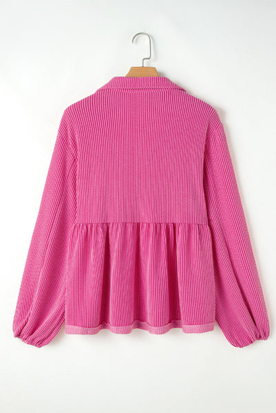 Pink Corded Turn-down V Neck Bubble Sleeve Babydoll Blouse