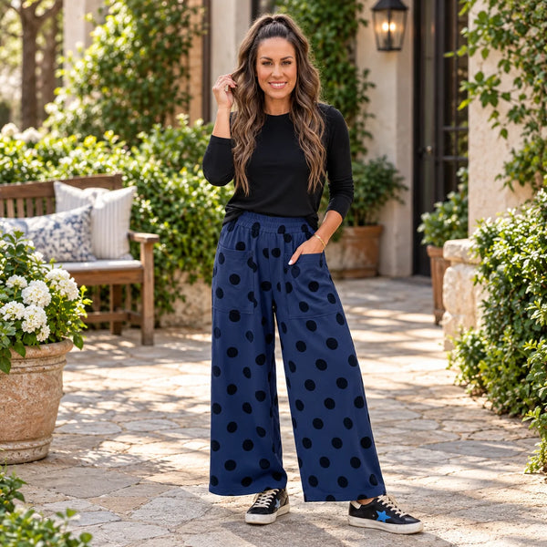 Polka Dot Wide Leg Elastic Waist Casual Pants
