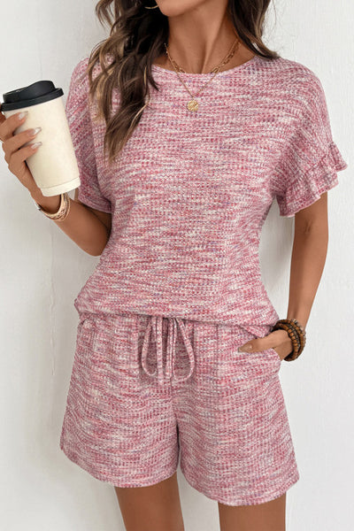 Heathered Textured Ruffle Sleeve Top and Drawstring Shorts Set