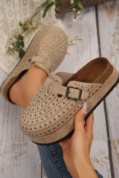 Rivet Buckle Closed Toe Platform Slides