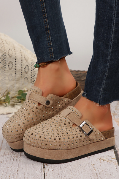 Rivet Buckle Closed Toe Platform Slides