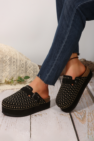Rivet Buckle Closed Toe Platform Slides