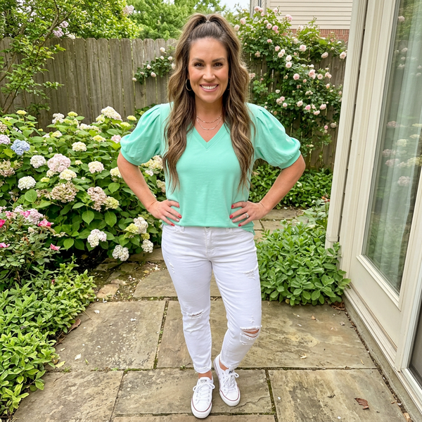 Solid Color V Neck Short Puff Sleeve Blouse