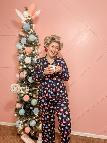 Navy Blue Colorful Christmas Light Print Shirt and Pants Pajama Set