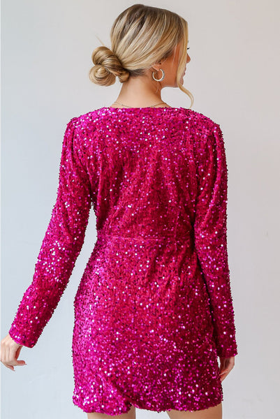 Pink Velvet Sequin Long Sleeve V Neck Wrapped Mini Dress