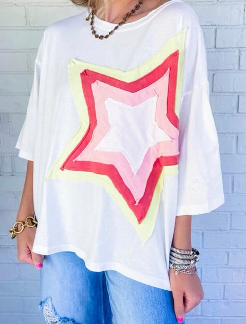 Star Patched Half Sleeve Oversized Tee